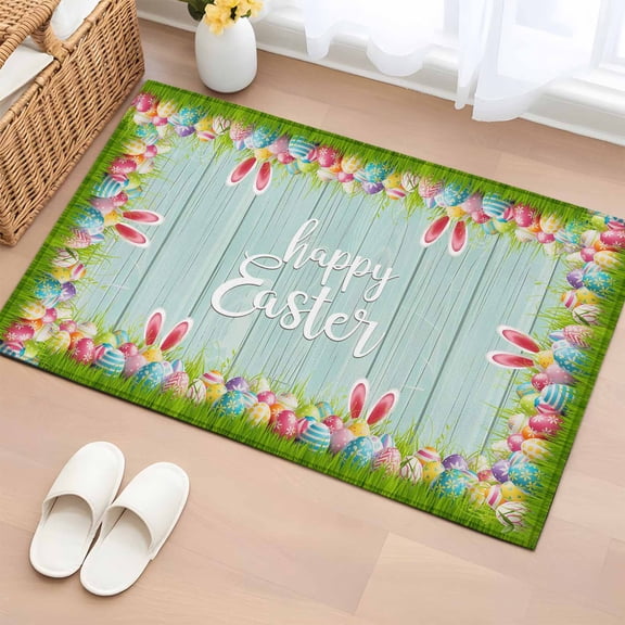 Rectangle Area Rugs 2 x 3 Ft, Happy Easter Non-Slip Residential Carpet, Cute Rabbit Ears Eggs Grass Wooden Grain Indoor Crawling Mats Runner Rugs for Living Room/Dining Room/Bedroom