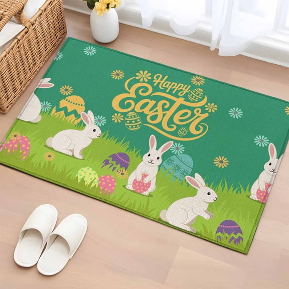 Rectangle Area Rugs 2 x 3 Ft, Happy Easter Non-Slip Residential Carpet, Rabbits Eggs Spring Daisy Floral Grass Green Indoor Crawling Mats Runner Rugs for Living Room/Dining Room/Bedroom
