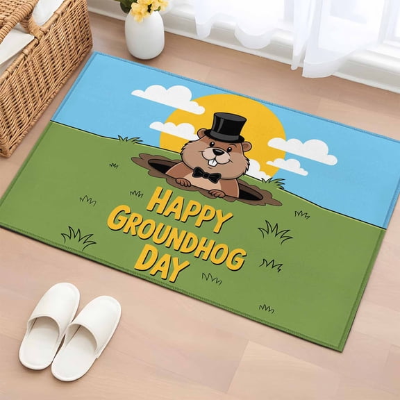 Rectangle Area Rugs 2 x 3 Ft, Happy Groundhog Day Non-Slip Residential Carpet, Cartoon Ground Hog Grass Sun Sky Blue Indoor Crawling Mats Runner Rugs for Living Room/Dining Room/Bedroom