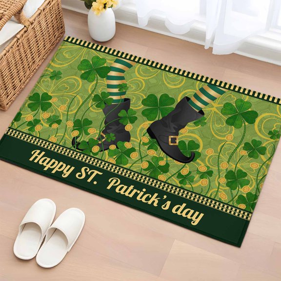 Rectangle Area Rugs 2 x 3 Ft, Happy St. Patrick's Non-Slip Residential Carpet, Green Shamrock Shoots Coin Vintage Country Indoor Crawling Mats Runner Rugs for Living Room/Dining Room/Bedroom