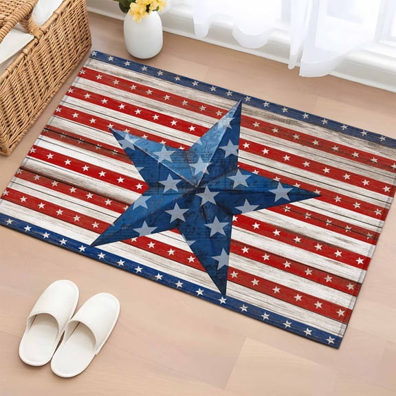 Rectangle Area Rugs 2 x 3 Ft, Independence Day Non-Slip Residential Carpet, 4 of July Blue Red Stars Striped Wood Indoor Crawling Mats Runner Rugs for Living Room/Dining Room/Bedroom