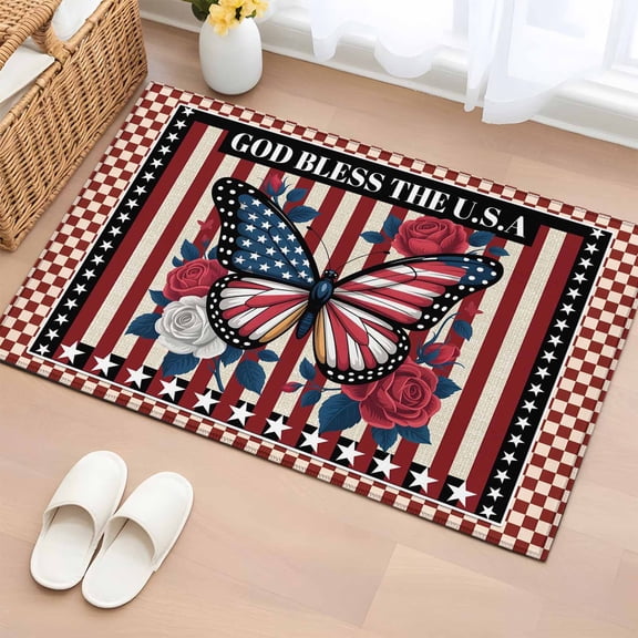 Rectangle Area Rugs 2 x 3 Ft, Independence Day Non-Slip Residential Carpet, Red Blue U.S Flag Butterfly Flowers Striped Indoor Crawling Mats Runner Rugs for Living Room/Dining Room/Bedroom