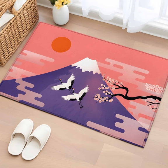 Rectangle Area Rugs 2 x 3 Ft, Japanese Non-Slip Residential Carpet, Nature Mountain Sun Blossoms Cherry Scenery Indoor Crawling Mats Runner Rugs for Living Room/Dining Room/Bedroom