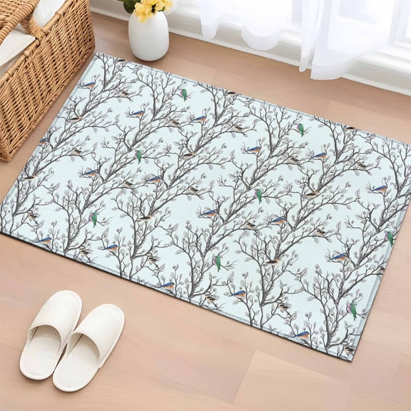 Rectangle Area Rugs 2 x 3 Ft, Natural Trees Branches Non-Slip Residential Carpet, Colored Birds Vintage Rustic Blue Indoor Crawling Mats Runner Rugs for Living Room/Dining Room/Bedroom