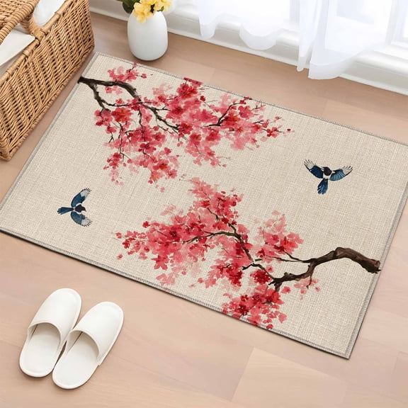 Rectangle Area Rugs 2 x 3 Ft, Peach Blossoms Non-Slip Residential Carpet, Spring Summer Floral Birds Burlap Rustic Indoor Crawling Mats Runner Rugs for Living Room/Dining Room/Bedroom
