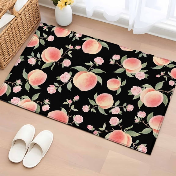 Rectangle Area Rugs 2 x 3 Ft, Peach Non-Slip Residential Carpet, Spring Floral Green Leaf Botanical Pink Fruit Black Indoor Crawling Mats Runner Rugs for Living Room/Dining Room/Bedroom