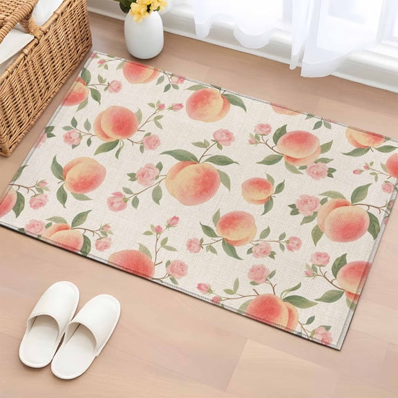 Rectangle Area Rugs 2 x 3 Ft, Peach Non-Slip Residential Carpet, Spring Floral Green Leaf Botanical Pink Fruit Rustic Indoor Crawling Mats Runner Rugs for Living Room/Dining Room/Bedroom