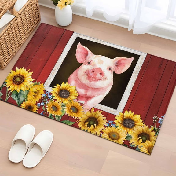 Rectangle Area Rugs 2 x 3 Ft, Pigs Sunflowers Non-Slip Residential Carpet, Farmhouse Red Barn Flowers Animals Indoor Crawling Mats Runner Rugs for Living Room/Dining Room/Bedroom