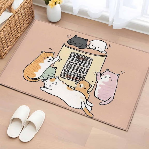 Rectangle Area Rugs 2 x 3 Ft, Pink Brown Cute Cat Non-Slip Residential Carpet, Cartoon Funny Heater Cats Indoor Crawling Mats Runner Rugs for Living Room/Dining Room/Bedroom