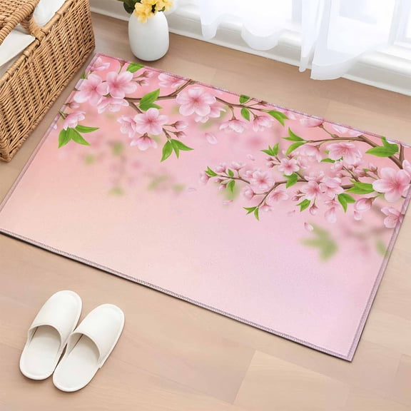 Rectangle Area Rugs 2 x 3 Ft, Pink Cherry Flowers Non-Slip Residential Carpet, Spring Ombre Floral Leaf Branch Indoor Crawling Mats Runner Rugs for Living Room/Dining Room/Bedroom