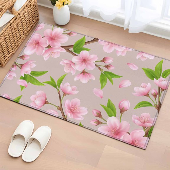Rectangle Area Rugs 2 x 3 Ft, Pink Peach Flowers Non-Slip Residential Carpet, Spring Botanical Watercolor Floral Brown Indoor Crawling Mats Runner Rugs for Living Room/Dining Room/Bedroom