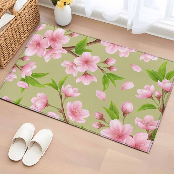Rectangle Area Rugs 2 x 3 Ft, Pink Peach Flowers Non-Slip Residential Carpet, Spring Botanical Watercolor Floral Green Indoor Crawling Mats Runner Rugs for Living Room/Dining Room/Bedroom