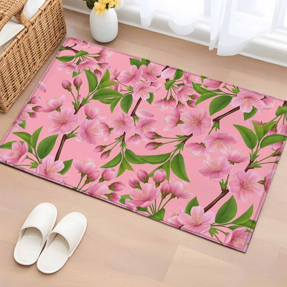 Rectangle Area Rugs 2 x 3 Ft, Pink Peach Flowers Non-Slip Residential Carpet, Spring Botanical Watercolor Floral Leaf Indoor Crawling Mats Runner Rugs for Living Room/Dining Room/Bedroom