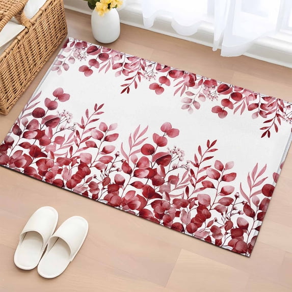 Rectangle Area Rugs 2 x 3 Ft, Pink Red Eucalyptus Leaves Non-Slip Residential Carpet, Watercolor Spring Summer Botanical Indoor Crawling Mats Runner Rugs for Living Room/Dining Room/Bedroom