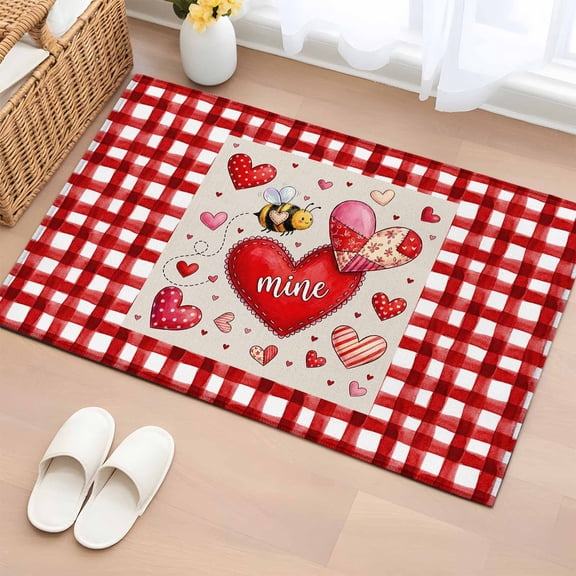 Rectangle Area Rugs 2 x 3 Ft, Pink Valentine's Day Non-Slip Residential Carpet, Love Heart Bee Checkered Farmhouse Indoor Crawling Mats Runner Rugs for Living Room/Dining Room/Bedroom