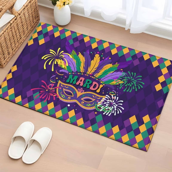 Rectangle Area Rugs 2 x 3 Ft, Purple Carnival Non-Slip Residential Carpet, Modern Geometric Feathers Ethnic Indoor Crawling Mats Runner Rugs for Living Room/Dining Room/Bedroom