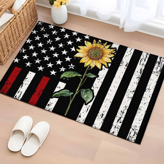 Rectangle Area Rugs 2 x 3 Ft, Red American Flag Non-Slip Residential Carpet, Sunflower Vintage USA Flag Indoor Crawling Mats Runner Rugs for Living Room/Dining Room/Bedroom