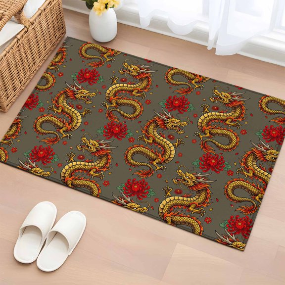 Rectangle Area Rugs 2 x 3 Ft, Red Chinese Dragon Non-Slip Residential Carpet, Vintage Chic Flowers Leaf Textured Grey Indoor Crawling Mats Runner Rugs for Living Room/Dining Room/Bedroom