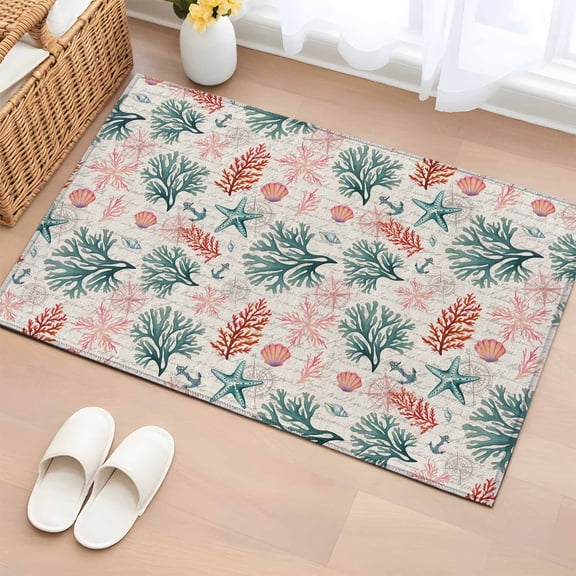 Rectangle Area Rugs 2 x 3 Ft, Sage Green Red Coral Non-Slip Residential Carpet, Coastal Nautical Summer Beach Indoor Crawling Mats Runner Rugs for Living Room/Dining Room/Bedroom