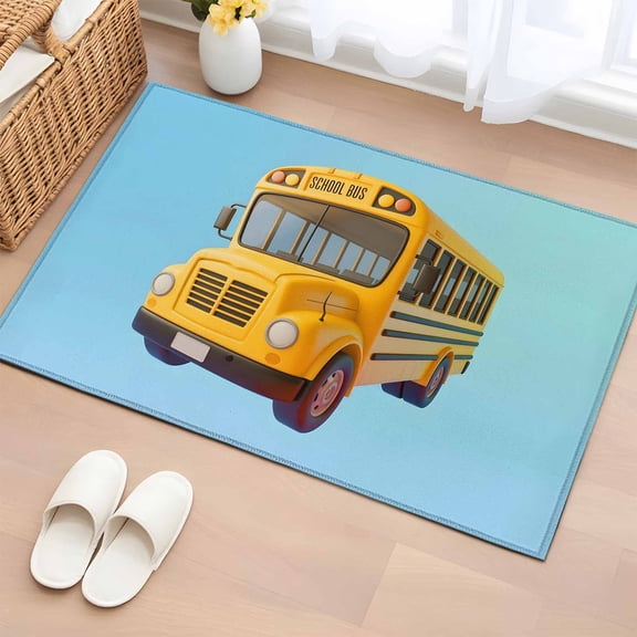 Rectangle Area Rugs 2 x 3 Ft, School Bus Non-Slip Residential Carpet, Cartoon Funny Yellow Transportation Truck Blue Indoor Crawling Mats Runner Rugs for Living Room/Dining Room/Bedroom