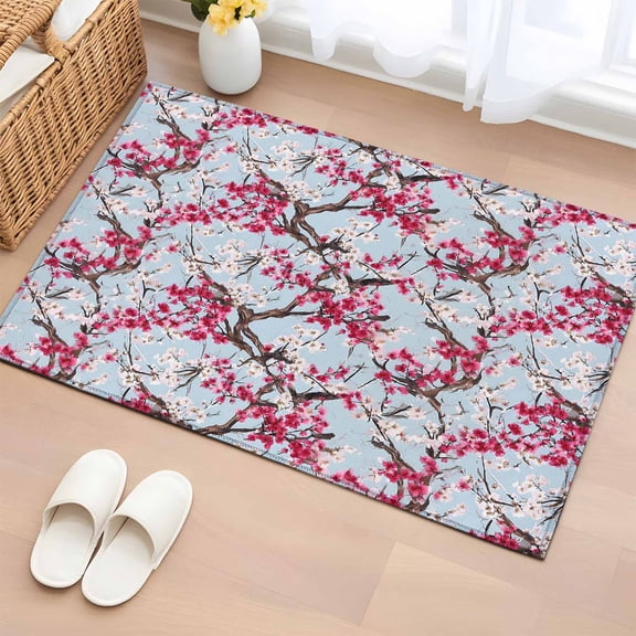 Rectangle Area Rugs 2 x 3 Ft, Spring Flowers Non-Slip Residential Carpet, Chinese Pink Peach Blossoms Branches Indoor Crawling Mats Runner Rugs for Living Room/Dining Room/Bedroom