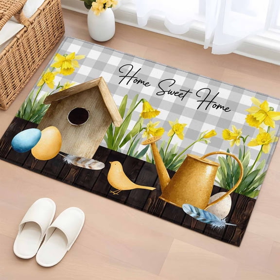Rectangle Area Rugs 2 x 3 Ft, Spring Non-Slip Residential Carpet, Country House Eggs Birds Botanical Floral Plaid Indoor Crawling Mats Runner Rugs for Living Room/Dining Room/Bedroom