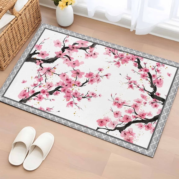 Rectangle Area Rugs 2 x 3 Ft, Spring Pink Flowers Non-Slip Residential Carpet, Botanical Peach Blossoms Floral Indoor Crawling Mats Runner Rugs for Living Room/Dining Room/Bedroom