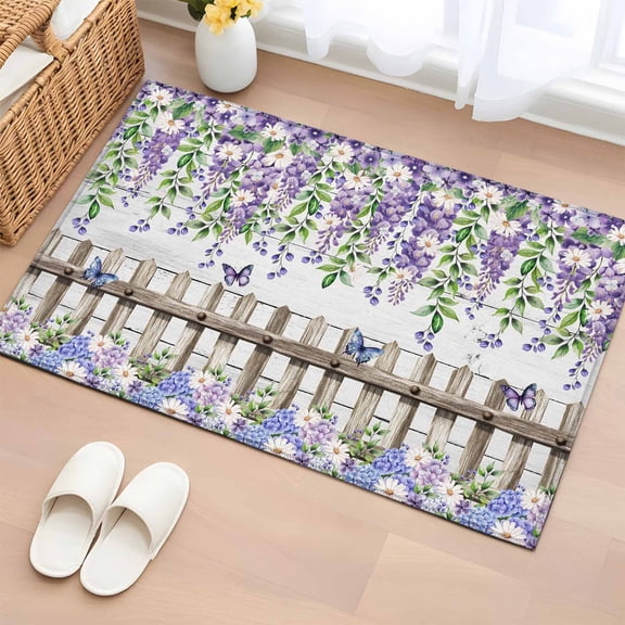 Rectangle Area Rugs 2 x 3 Ft, Spring Purple Flowers Non-Slip Residential Carpet, Farmhouse Leaves Fences Gray Wood Indoor Crawling Mats Runner Rugs for Living Room/Dining Room/Bedroom