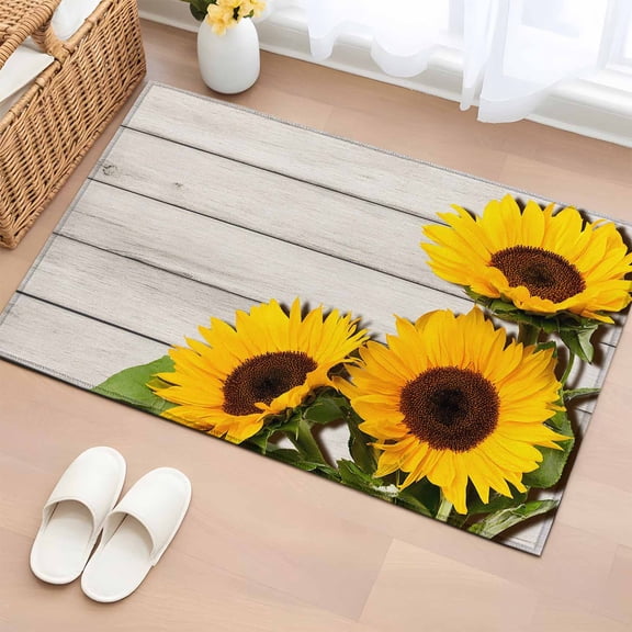 Rectangle Area Rugs 2 x 3 Ft, Spring Sunflowers Non-Slip Residential Carpet, Yellow Floral Turquoise Farmhouse Grey Wooden Indoor Crawling Mats Runner Rugs for Living Room/Dining Room/Bedroom