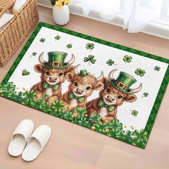 Rectangle Area Rugs 2 x 3 Ft, St. Patrick's Day Non-Slip Residential Carpet, Cute Highland Cow Shamrock Gold Coin Green Indoor Crawling Mats Runner Rugs for Living Room/Dining Room/Bedroom