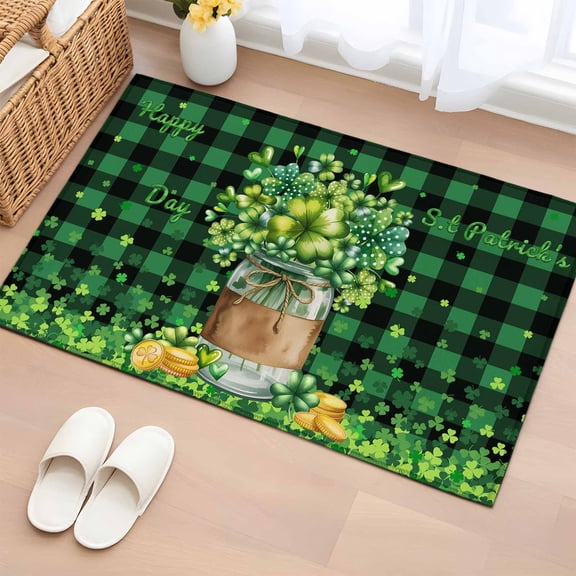 Rectangle Area Rugs 2 x 3 Ft, St. Patrick's Day Non-Slip Residential Carpet, Green Clovers Coin Buffalo Plaid Indoor Crawling Mats Runner Rugs for Living Room/Dining Room/Bedroom