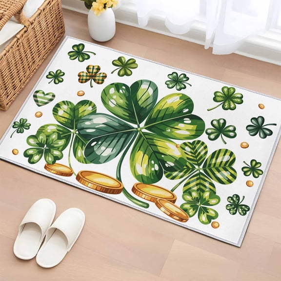Rectangle Area Rugs 2 x 3 Ft, St Patrick's Day Shamrock Non-Slip Residential Carpet, Lucky Four Leaf Gold Coin Green Indoor Crawling Mats Runner Rugs for Living Room/Dining Room/Bedroom