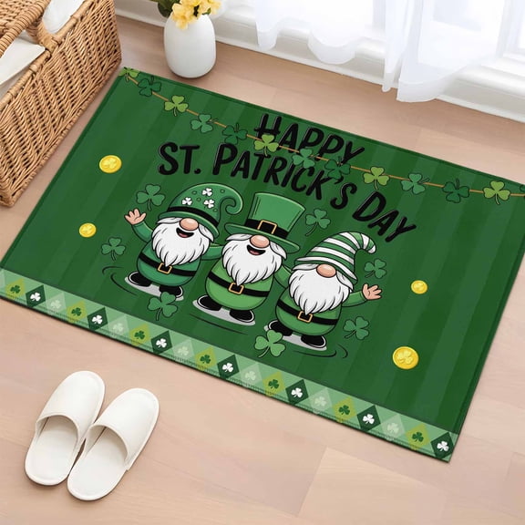 Rectangle Area Rugs 2 x 3 Ft, St Patricks Day Non-Slip Residential Carpet, Gnomes Green Shamrock Spring Gold Coin Striped Indoor Crawling Mats Runner Rugs for Living Room/Dining Room/Bedroom