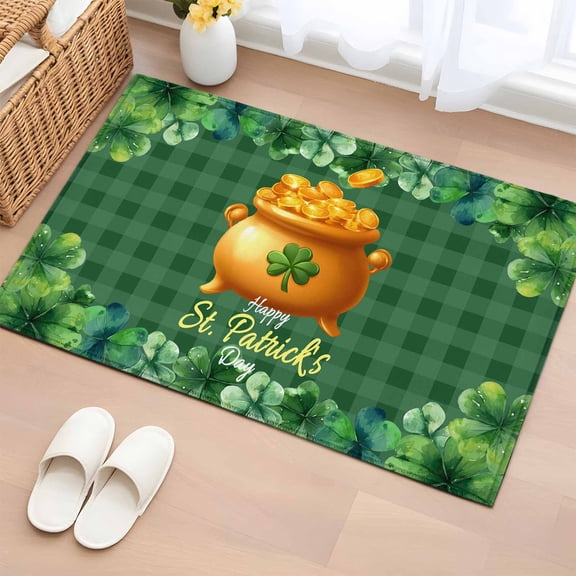 Rectangle Area Rugs 2 x 3 Ft, St Patricks Day Non-Slip Residential Carpet, Gold Coin Green Shamrock Spring Watercolor Plaid Indoor Crawling Mats Runner Rugs for Living Room/Dining Room/Bedroom