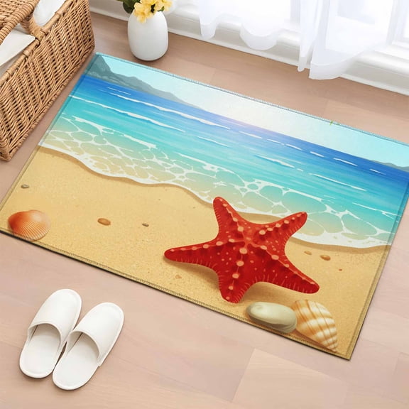 Rectangle Area Rugs 2 x 3 Ft, Summer Beach Non-Slip Residential Carpet, Coastal Red Starfish Conch Palm Seaside Indoor Crawling Mats Runner Rugs for Living Room/Dining Room/Bedroom