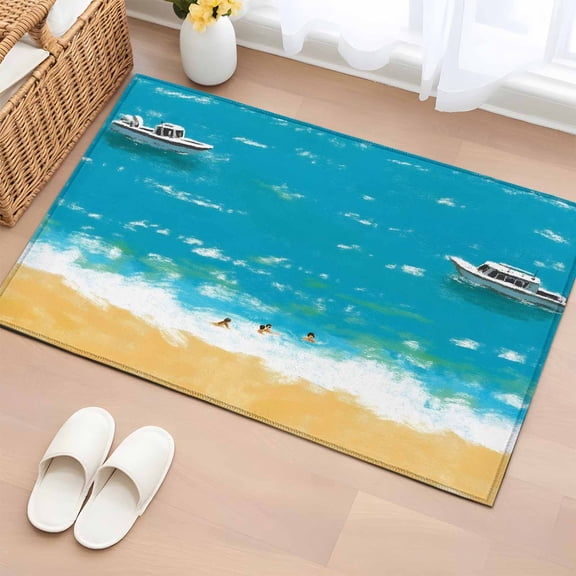 Rectangle Area Rugs 2 x 3 Ft, Summer Blue Beach Non-Slip Residential Carpet, Vintage Coastal Sea Cruises Oil Painting Indoor Crawling Mats Runner Rugs for Living Room/Dining Room/Bedroom