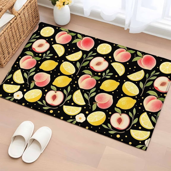 Rectangle Area Rugs 2 x 3 Ft, Summer Fruit Non-Slip Residential Carpet, Spring Botanical Lemon Peach Black Indoor Crawling Mats Runner Rugs for Living Room/Dining Room/Bedroom