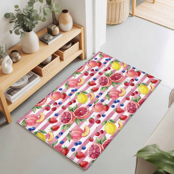 Rectangle Area Rugs 2 x 3 Ft, Summer Fruits Non-Slip Residential Carpet, Grapefruit Peach Lemon Strawberry Striped Indoor Crawling Mats Runner Rugs for Living Room/Dining Room/Bedroom