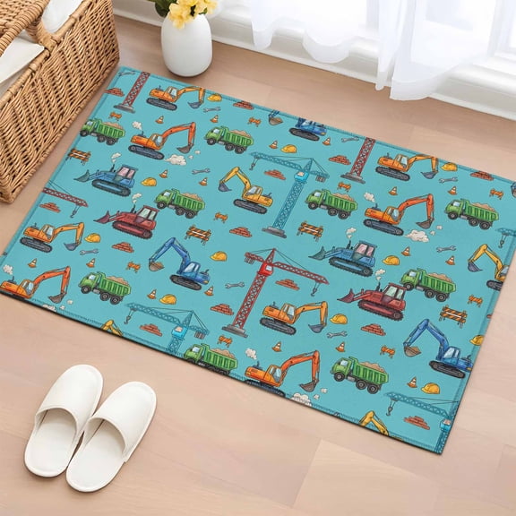 Rectangle Area Rugs 2 x 3 Ft, Teal Construction Vehicle Non-Slip Residential Carpet, Modern Excavator Crane Indoor Crawling Mats Runner Rugs for Living Room/Dining Room/Bedroom