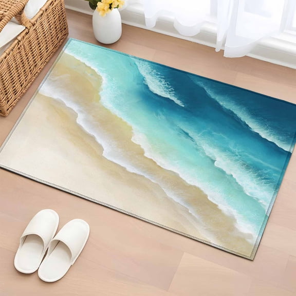 Rectangle Area Rugs 2 x 3 Ft, Teal Gradient Ocean Non-Slip Residential Carpet, Ombre Watercolor Coastal Beach Waves Indoor Crawling Mats Runner Rugs for Living Room/Dining Room/Bedroom