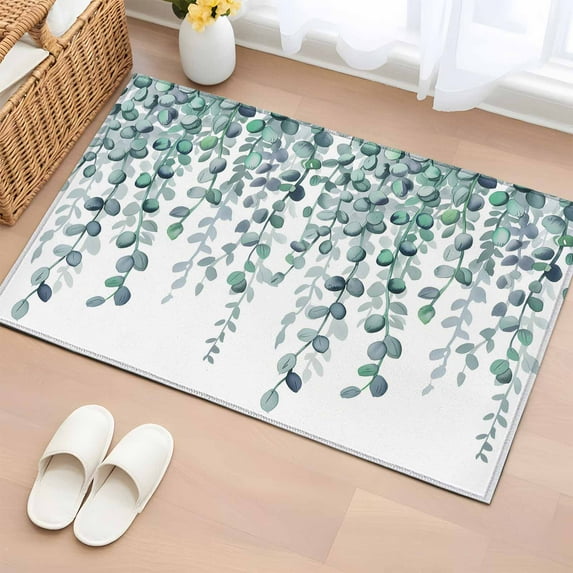 Rectangle Area Rugs 2 x 3 Ft, Teal Green Eucalyptus Leaves Non-Slip Residential Carpet, Spring Plants Leaves Country Indoor Crawling Mats Runner Rugs for Living Room/Dining Room/Bedroom