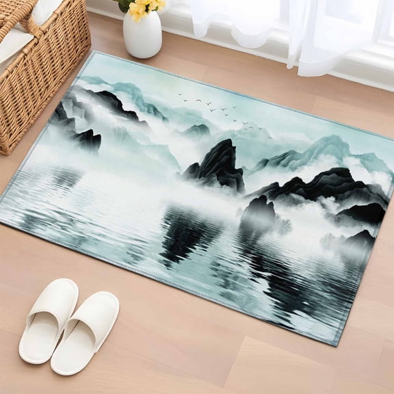 Rectangle Area Rugs 2 x 3 Ft, Teal Mountain Lake Non-Slip Residential Carpet, Misty Abstract Art Landscape Art Indoor Crawling Mats Runner Rugs for Living Room/Dining Room/Bedroom