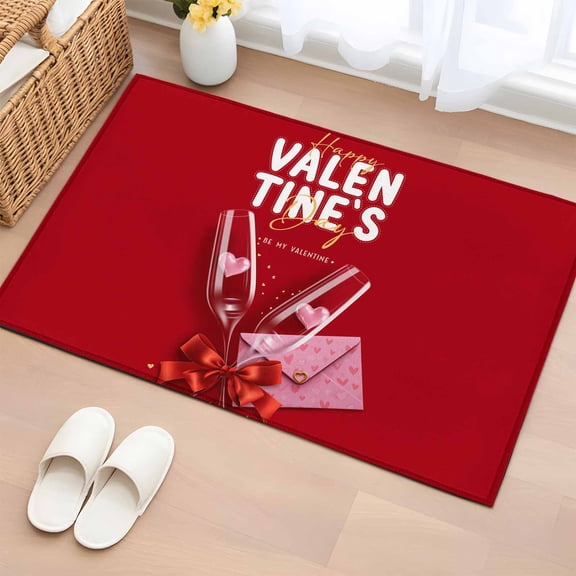 Rectangle Area Rugs 2 x 3 Ft, Valentine's Day Non-Slip Residential Carpet, Pink Love Glass Cups Bow Envelope Simple Red Indoor Crawling Mats Runner Rugs for Living Room/Dining Room/Bedroom