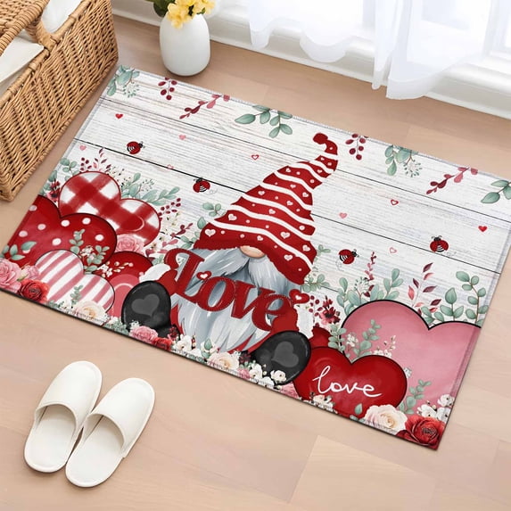 Rectangle Area Rugs 2 x 3 Ft, Valentines Non-Slip Residential Carpet, Pink Red Love Heart Gnomes Eucalyptus Vintage Indoor Crawling Mats Runner Rugs for Living Room/Dining Room/Bedroom