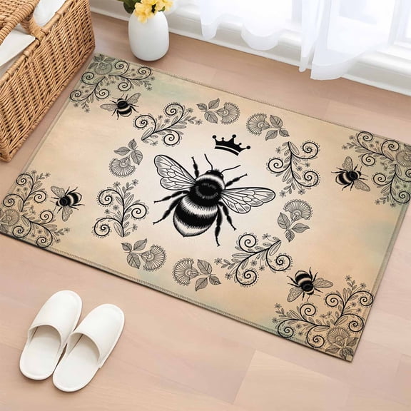 Rectangle Area Rugs 2 x 3 Ft, Vintage Bees Crowns Non-Slip Residential Carpet, Rustic Leaves Rings Brown Gradient Indoor Crawling Mats Runner Rugs for Living Room/Dining Room/Bedroom