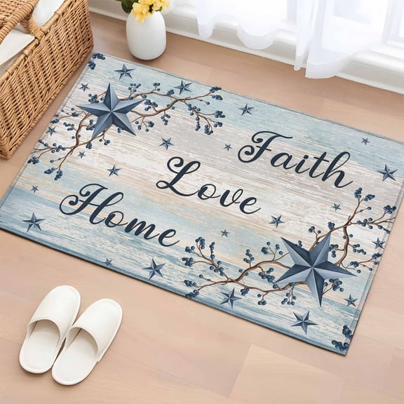 Rectangle Area Rugs 2 x 3 Ft, Vintage Farmhouse Non-Slip Residential Carpet, Blue Country Texas Star Vines Wooden Indoor Crawling Mats Runner Rugs for Living Room/Dining Room/Bedroom