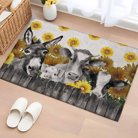 Rectangle Area Rugs 2 x 3 Ft, Vintage Grey Farm Animals Non-Slip Residential Carpet, Rustic Sunflowers Cow Pig Indoor Crawling Mats Runner Rugs for Living Room/Dining Room/Bedroom