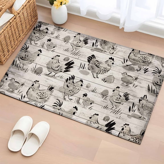 Rectangle Area Rugs 2 x 3 Ft, Vintage Rooster Farmhouse Non-Slip Residential Carpet, Grey Wooden Farm Animals Striped Indoor Crawling Mats Runner Rugs for Living Room/Dining Room/Bedroom