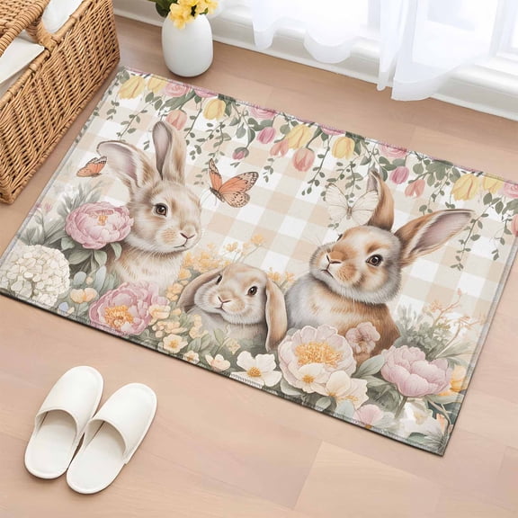 Rectangle Area Rugs 2 x 3 Ft, Watercolor Easter Non-Slip Residential Carpet, Cute Rabbits Flowers Butterfly Orange Plaid Indoor Crawling Mats Runner Rugs for Living Room/Dining Room/Bedroom