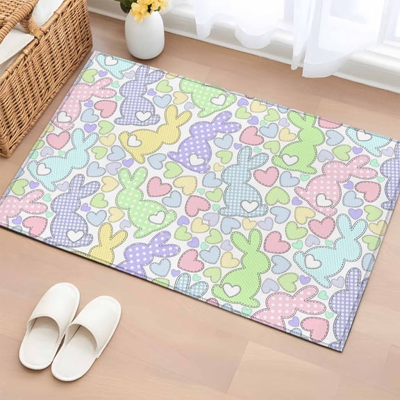 Rectangle Area Rugs 2 x 3 Ft, Watercolor Rabbits Non-Slip Residential Carpet, Spring Easter Love Rabbits Polka Dots Indoor Crawling Mats Runner Rugs for Living Room/Dining Room/Bedroom